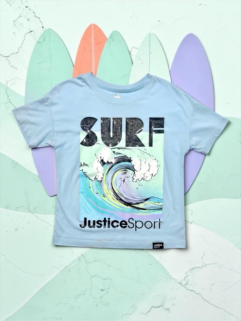 Justice Sport Girls “SURF” Tee Light Blue Coastal Graphic L (12–14) EUC
